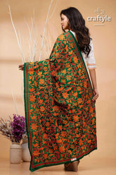 Bottle green hand embroidered kantha stitch pure silk dupatta floral print dupatta green orange 3