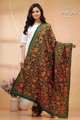 Bottle green hand embroidered kantha stitch pure silk dupatta green orange floral dupatta dark 1