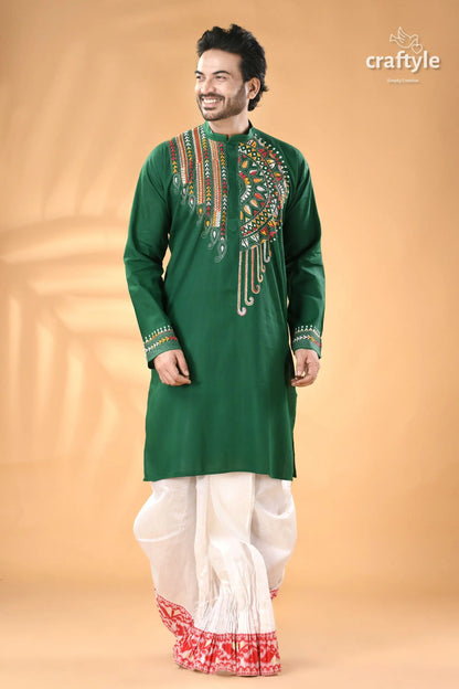 Bottle green kantha work ethnic cotton kurta for men men’s green long sleeved kurta colorful 3