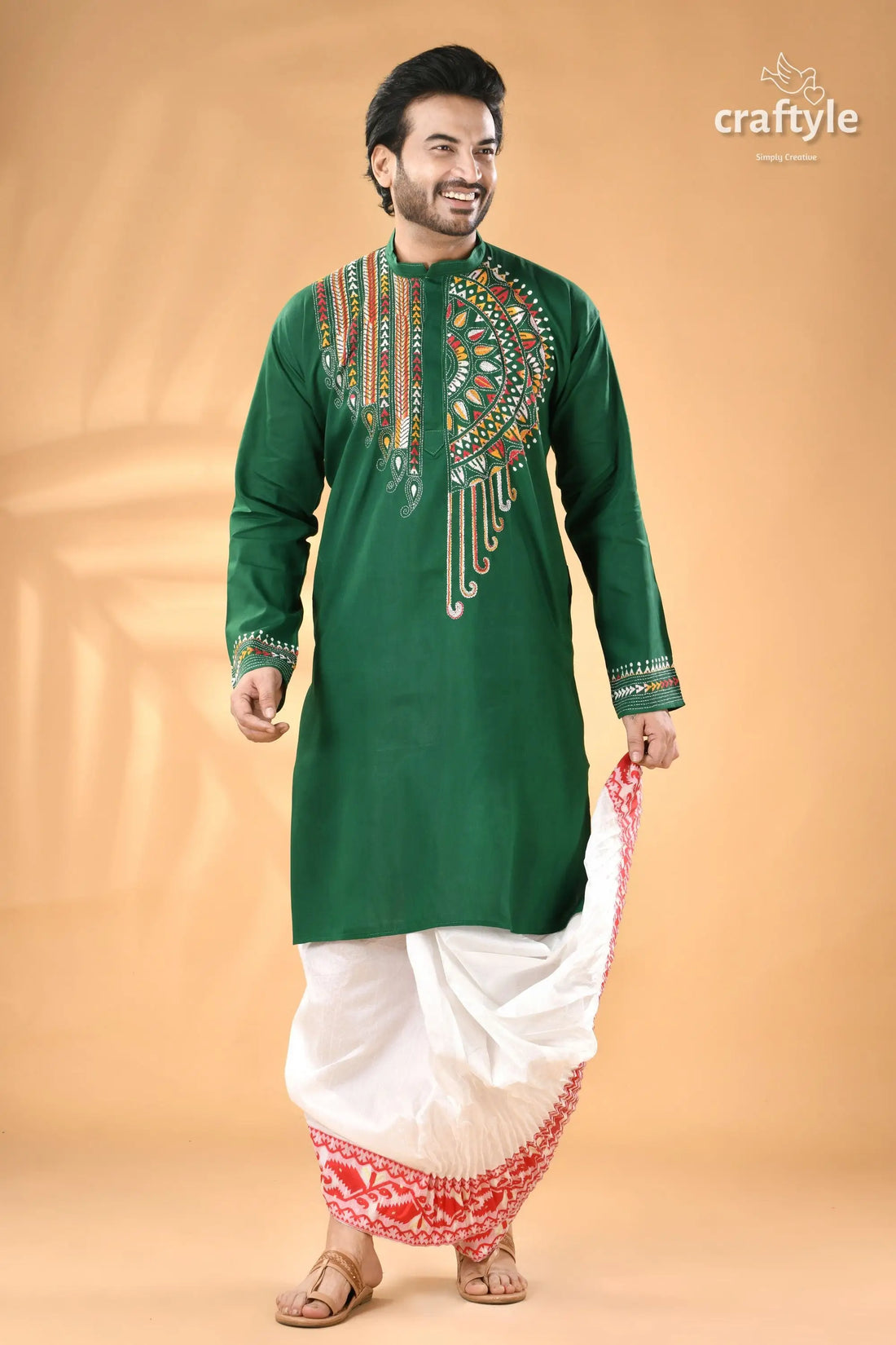 Bottle green kantha work ethnic cotton kurta for men men’s green embroidered kurta white 1