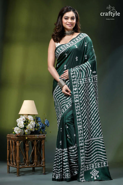Bottle green kutchi embroidery handmade silk saree with mirror work deep green silk saree intricate 1