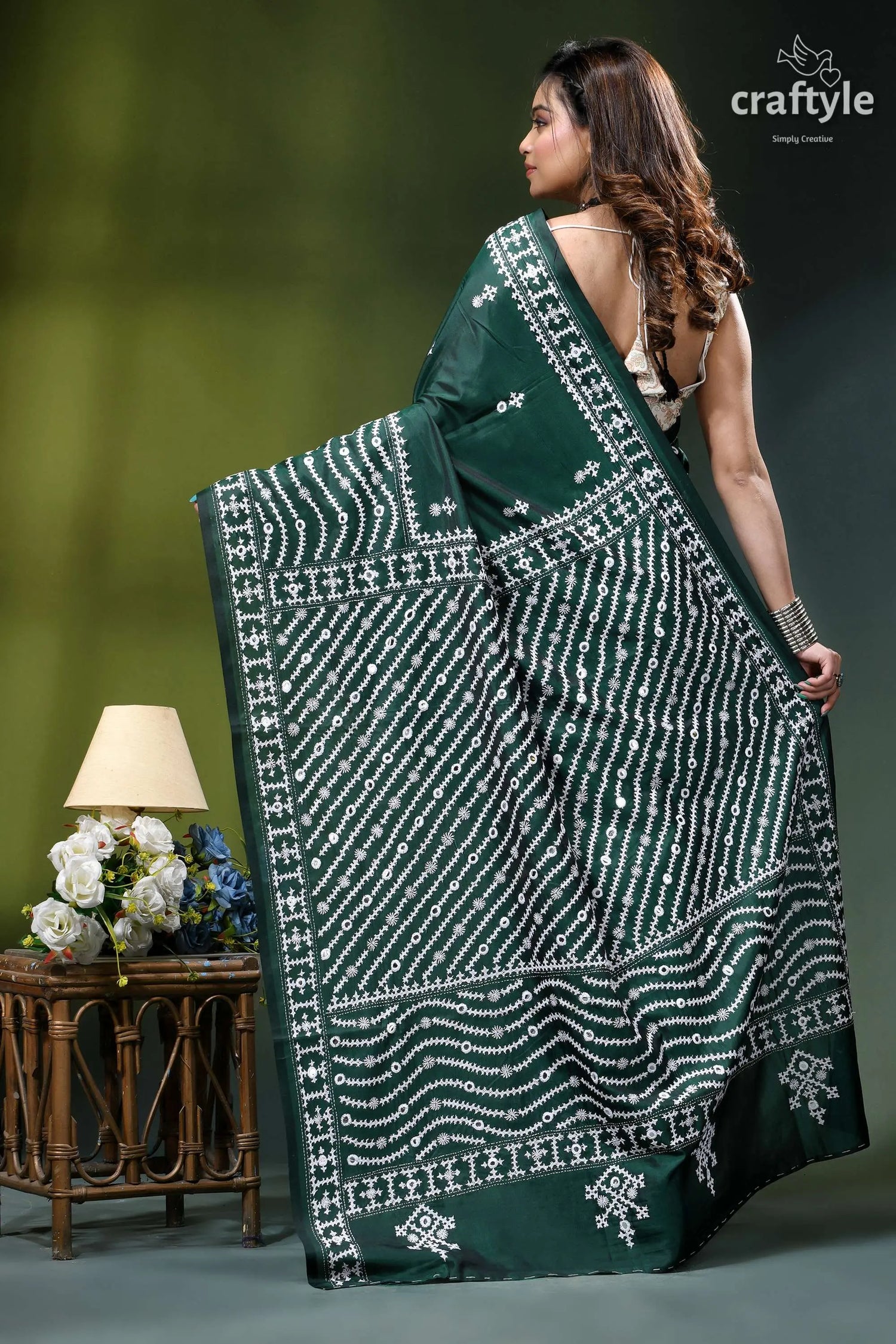 Bottle green kutchi embroidery handmade silk saree with mirror work deep green saree intricate white 5