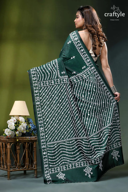Bottle green kutchi embroidery handmade silk saree with mirror work deep green saree intricate white 5
