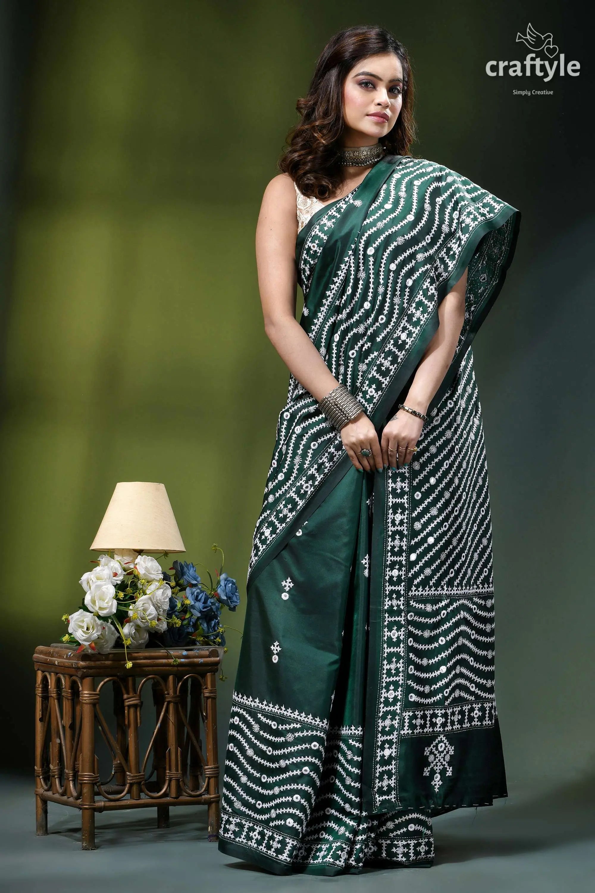 Bottle green kutchi embroidery handmade silk saree with mirror work deep green silk saree intricate 4