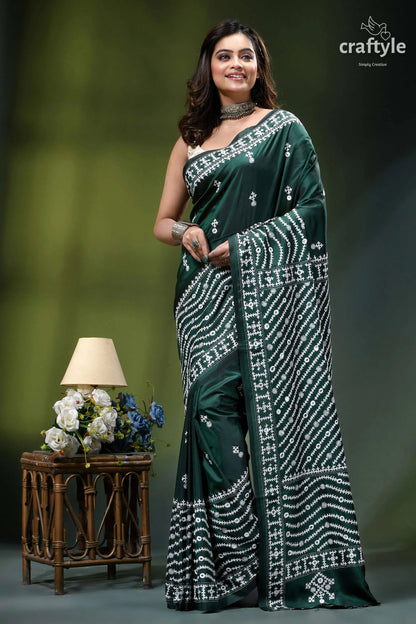 Bottle green kutchi embroidery handmade silk saree with mirror work emerald green silk saree intricate 6