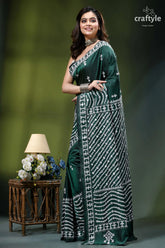 Bottle green kutchi embroidery handmade silk saree with mirror work emerald green silk saree intricate 3