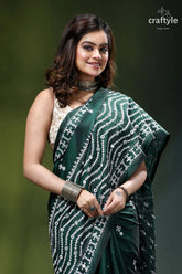 Bottle green kutchi embroidery handmade silk saree with mirror work emerald green saree intricate white 2