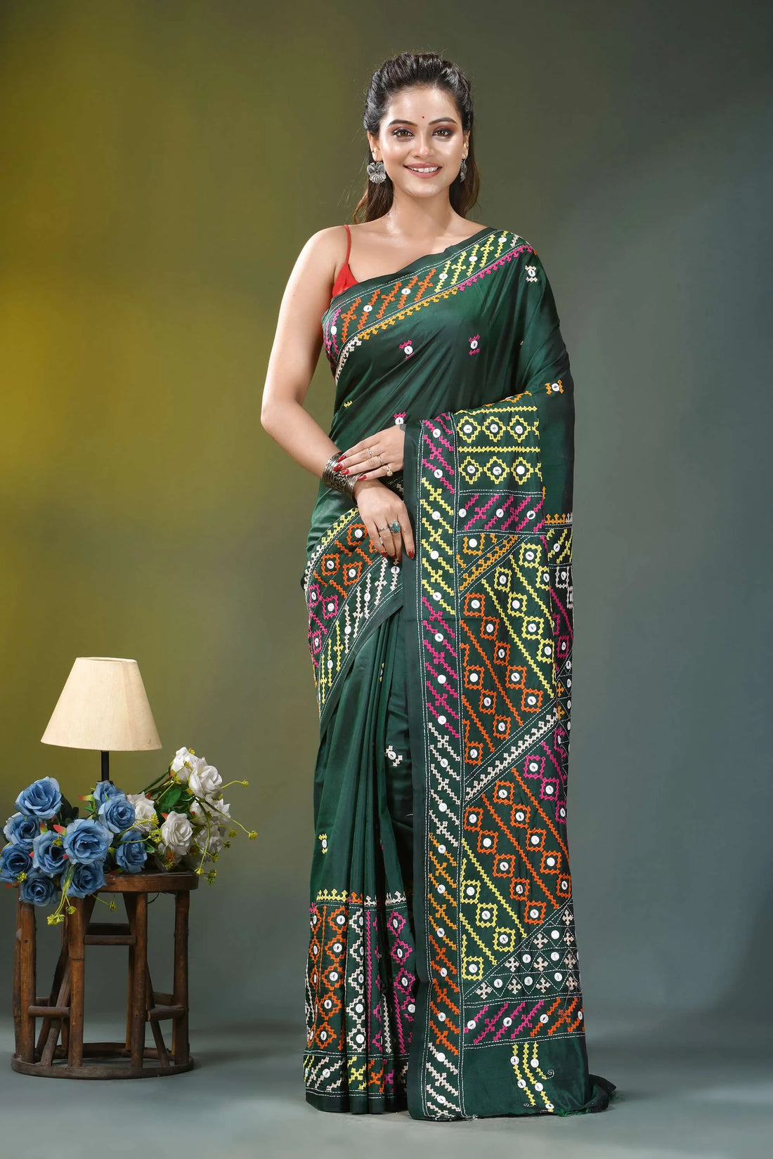 Bottle green multi-thread handmade gujrati stitch silk sari - mirror work emerald green silk saree adorned 1