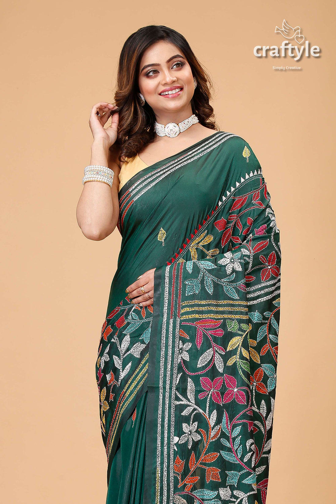 Bottle Green Multicolor Leaf Motif Kantha Stitch Saree - Craftyle