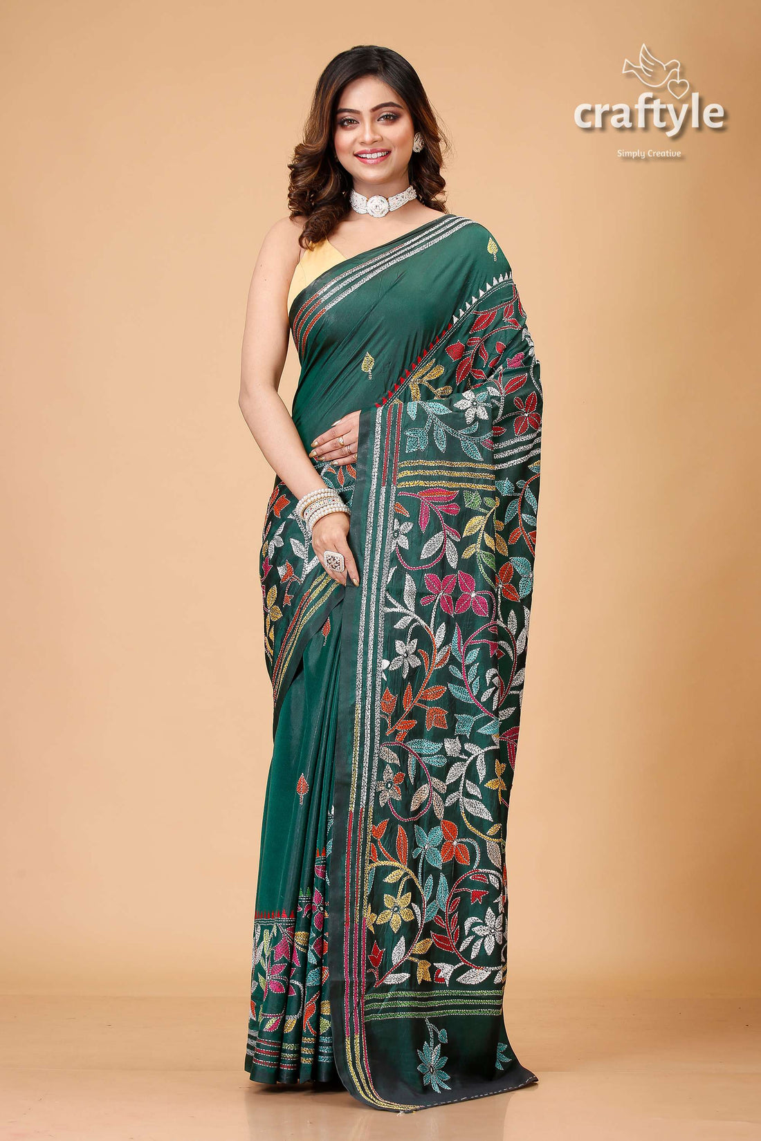 Bottle Green Multicolor Leaf Motif Kantha Stitch Saree - Craftyle