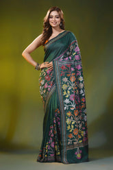 Bottle green silk kantha stitch saree multicolor floral design 6