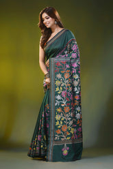 Bottle green silk kantha stitch saree multicolor floral design 3