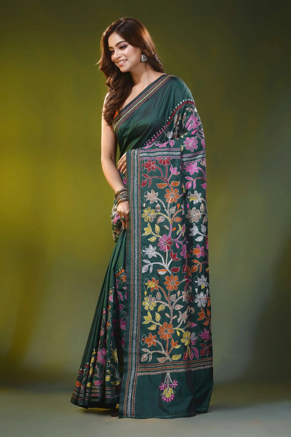 Bottle green silk kantha stitch saree multicolor floral design 3