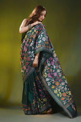Bottle green silk kantha stitch saree multicolor floral design 4