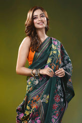 Bottle green silk kantha stitch saree multicolor floral design 2
