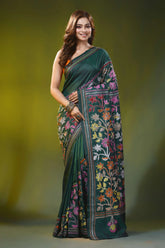 Bottle green silk kantha stitch saree multicolor floral design 1