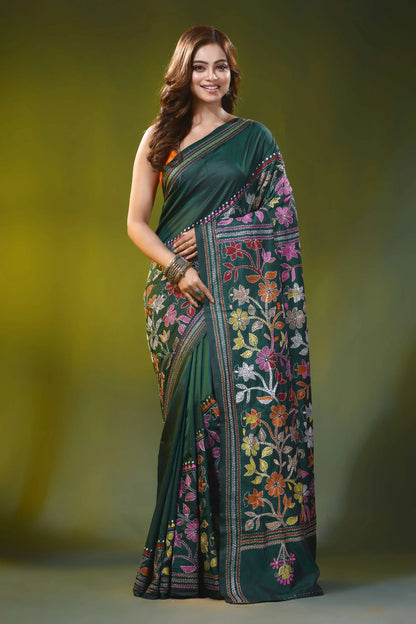 Bottle green silk kantha stitch saree multicolor floral design 1