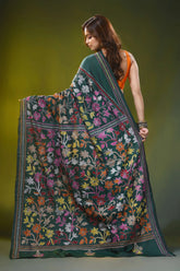 Bottle green silk kantha stitch saree multicolor floral design 5