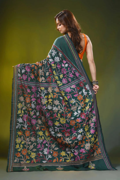Bottle green silk kantha stitch saree multicolor floral design 5