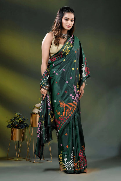 Bottle green silk kutch work saree with multicolor ethnic embroidery 4