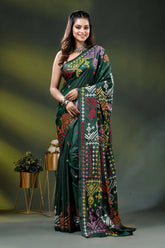 Bottle green silk kutch work saree with multicolor ethnic embroidery 1