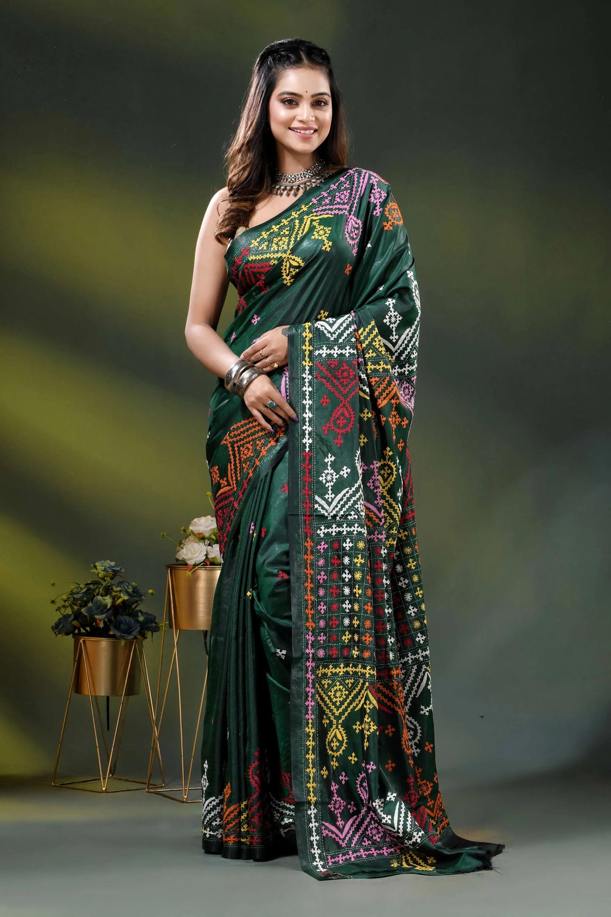Bottle green silk kutch work saree with multicolor ethnic embroidery 1