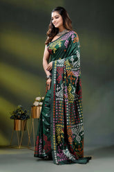 Bottle green silk kutch work saree with multicolor ethnic embroidery 3