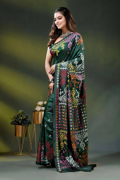 Bottle green silk kutch work saree with multicolor ethnic embroidery 3
