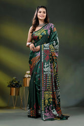 Bottle green silk kutch work saree with multicolor ethnic embroidery 6