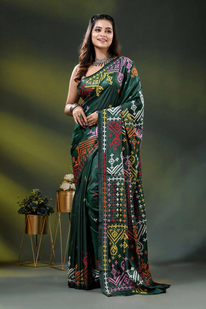 Bottle green silk kutch work saree with multicolor ethnic embroidery 6