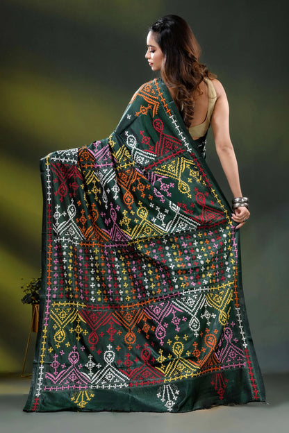 Bottle green silk kutch work saree with multicolor ethnic embroidery 5