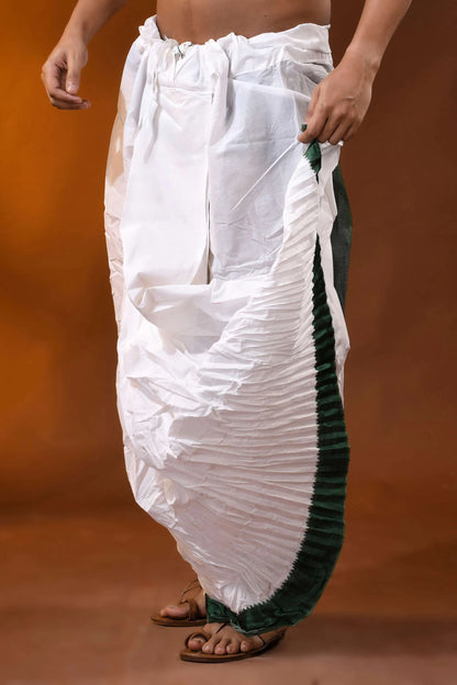 Bottle green temple border mayur puchha pure cotton dhoti - ready to wear 2