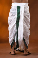 Bottle green temple border mayur puchha pure cotton dhoti - ready to wear 4