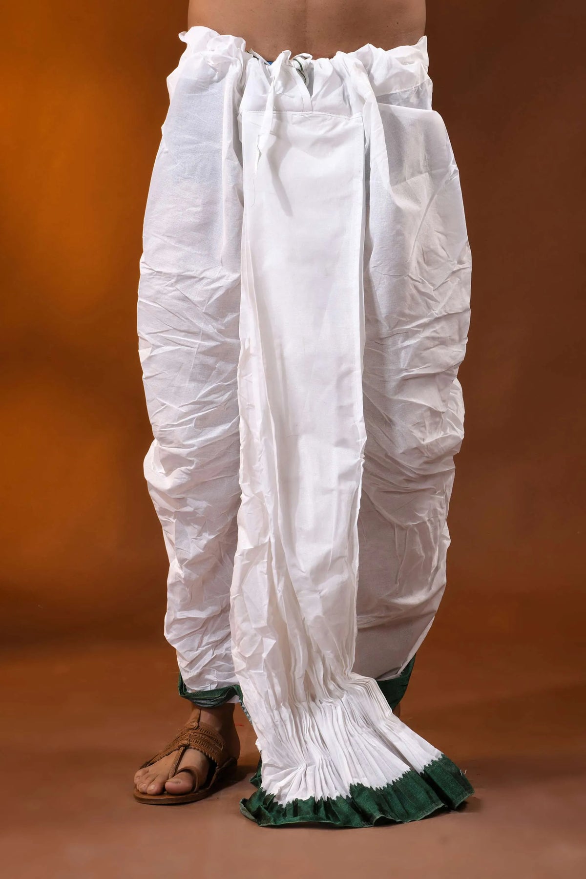 Bottle green temple border mayur puchha pure cotton dhoti - ready to wear 1
