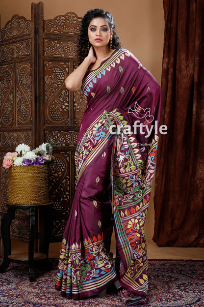 Boysenberry Purple Silk Kantha Work Saree-Craftyle