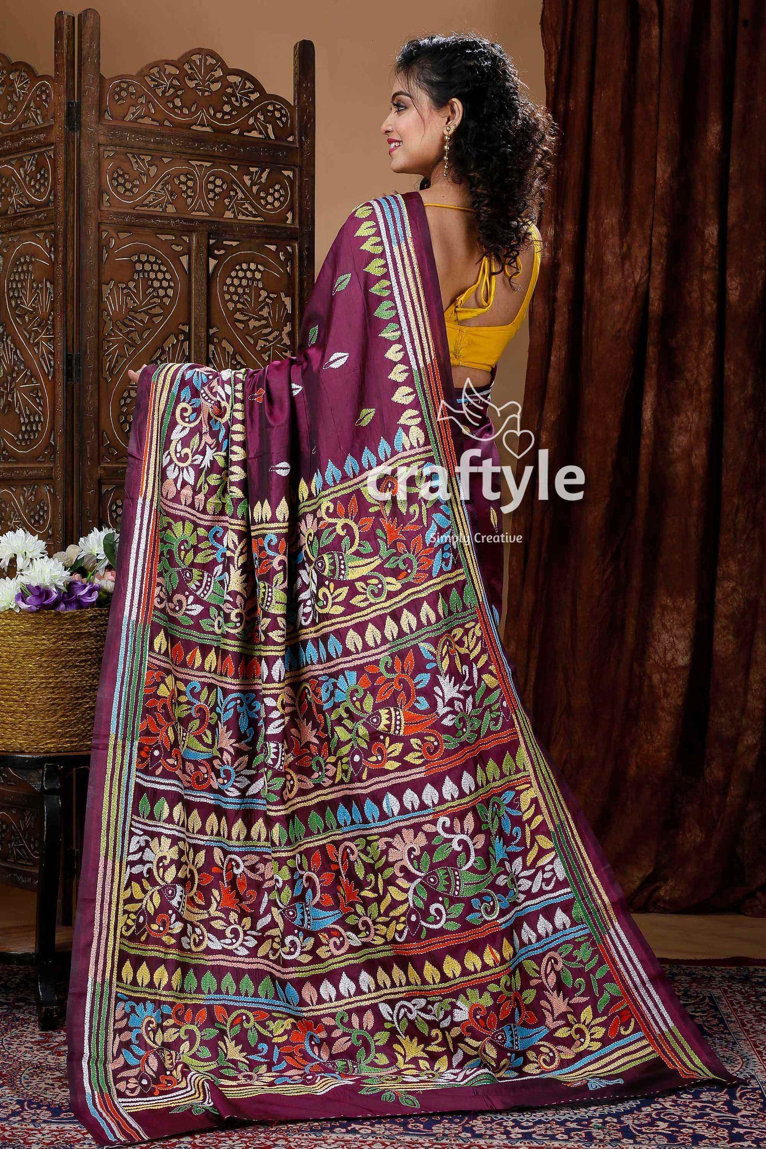 Boysenberry Purple Silk Kantha Work Saree-Craftyle