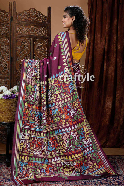 Boysenberry Purple Silk Kantha Work Saree-Craftyle