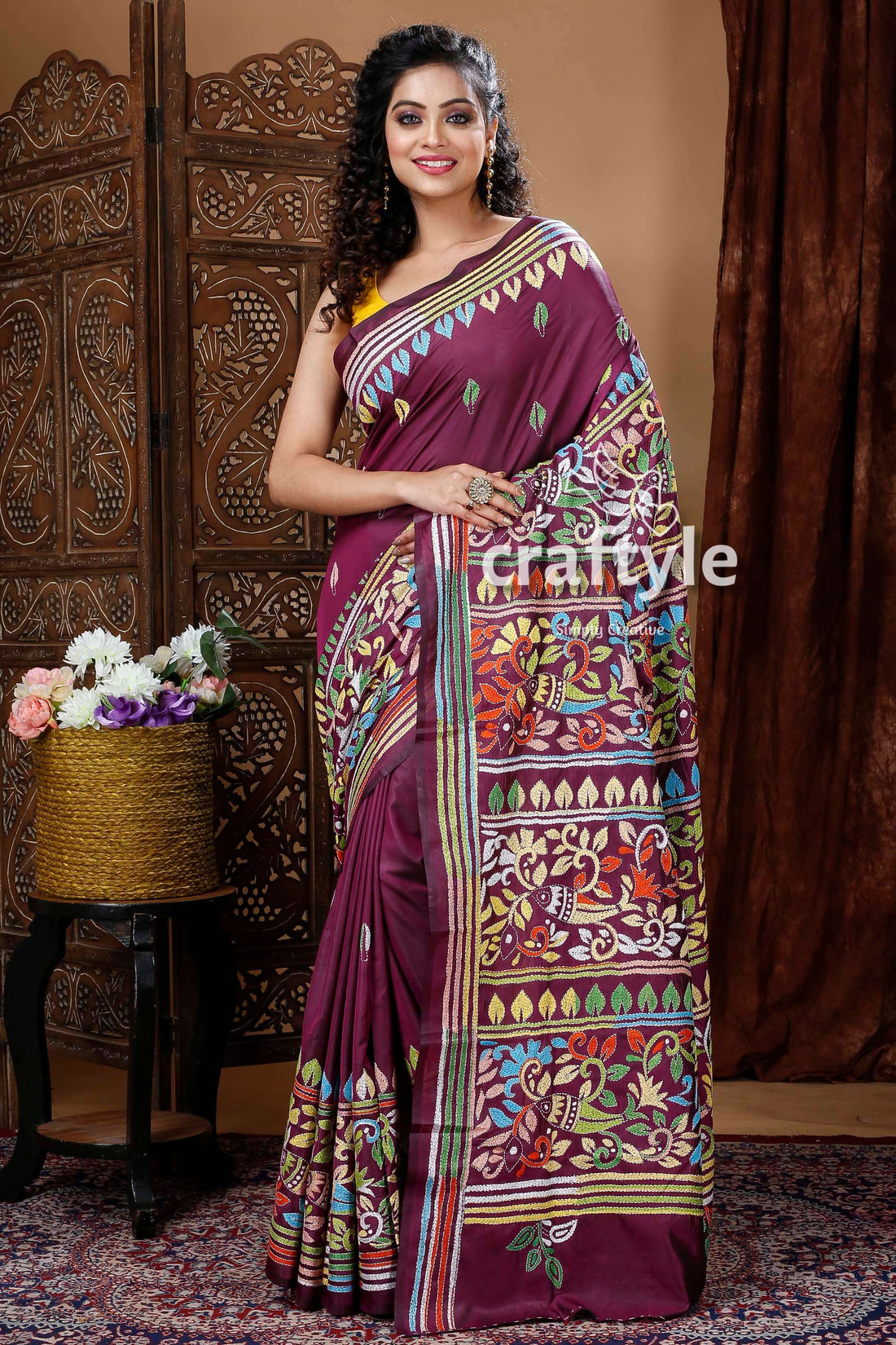 Boysenberry Purple Silk Kantha Work Saree-Craftyle