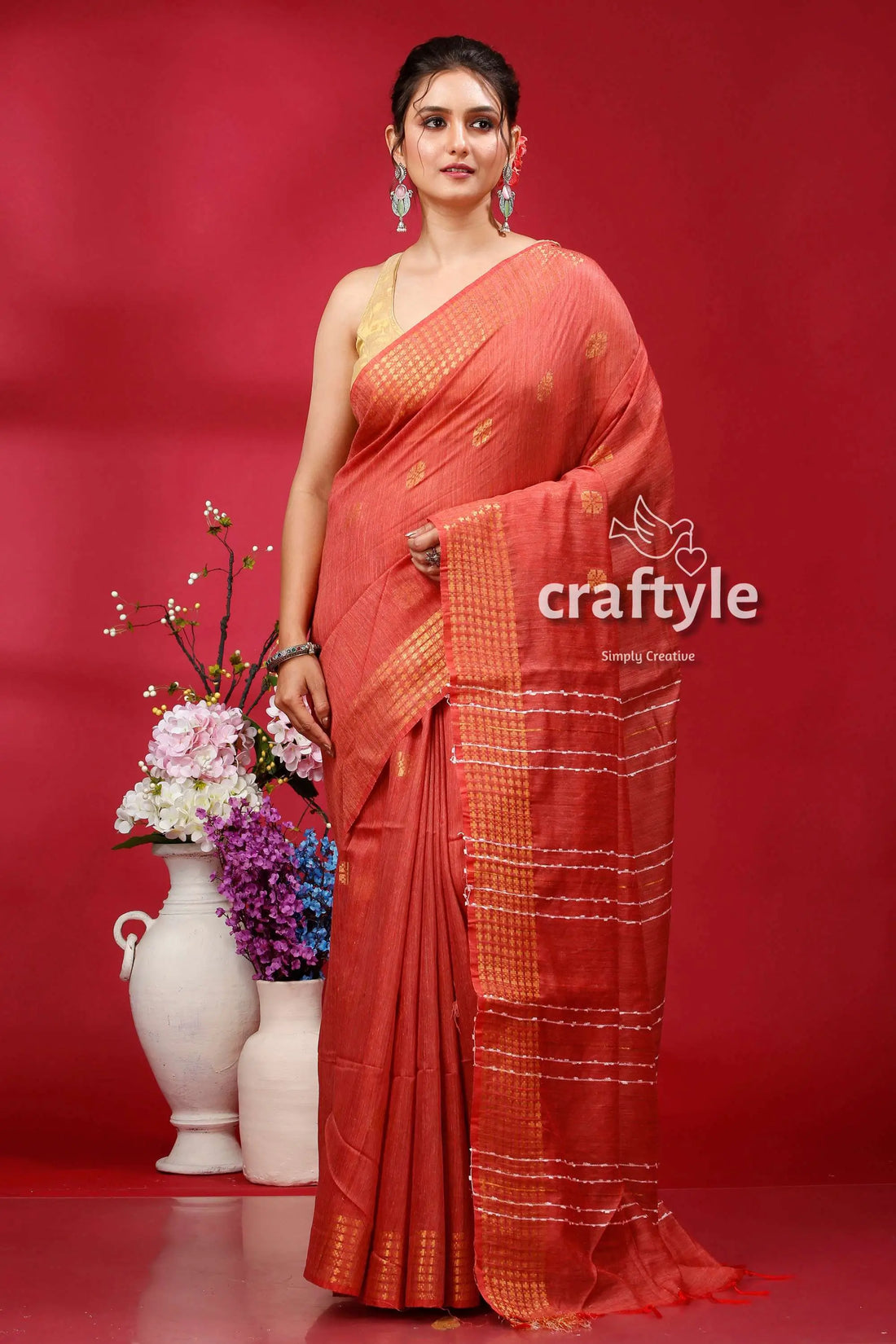 Brick red bhagalpuri soft ghicha silk saree with golden zari border woman red saree 1
