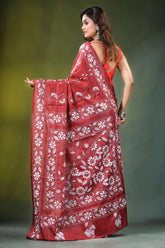 Brick red floral design handcrafted silk kantha stitch saree rich adorned 5