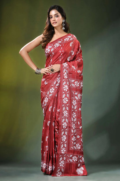 Brick red floral design handcrafted silk kantha stitch saree rich adorned 6