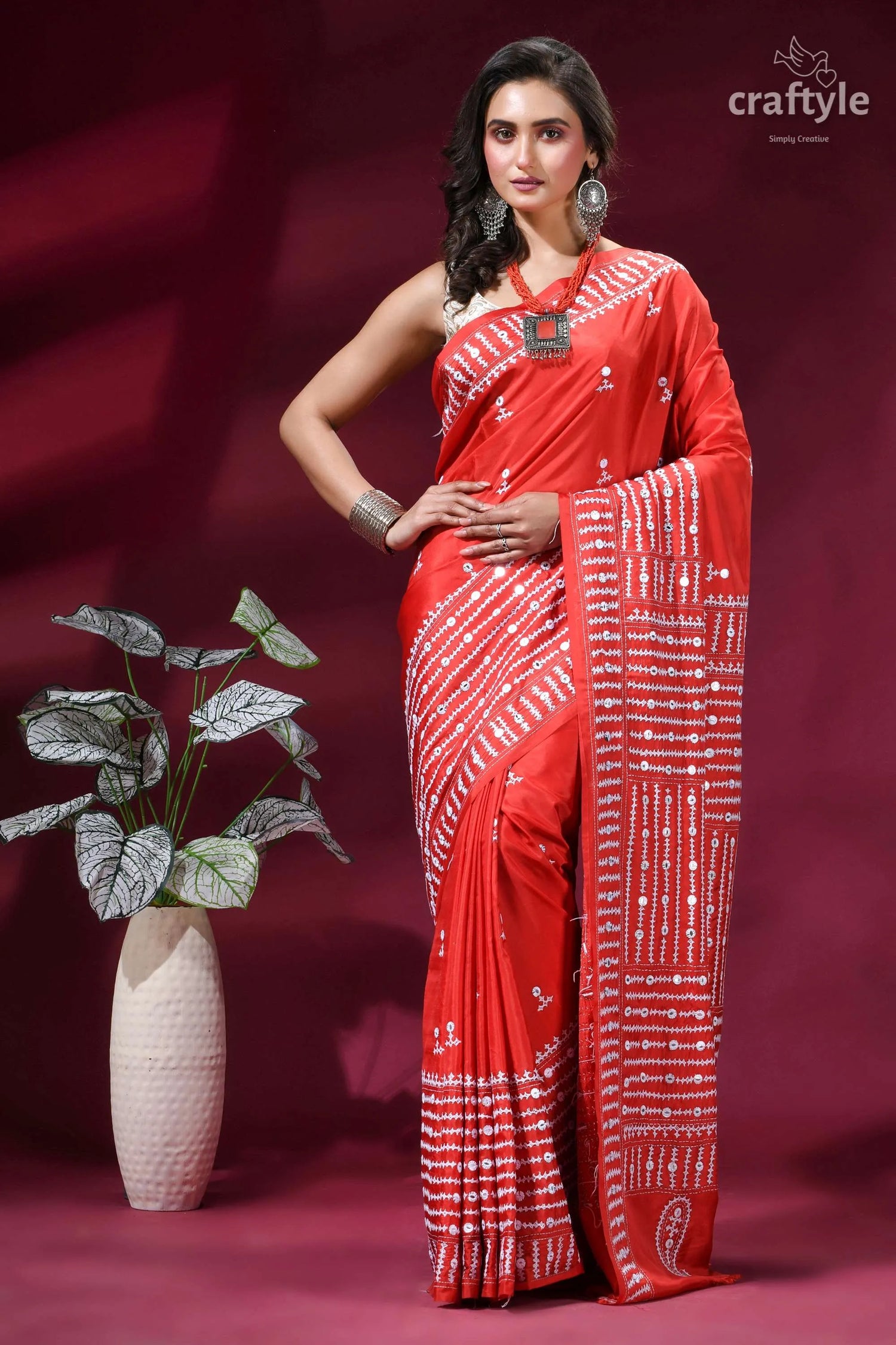 Brick red intricate gujrati stitched silk saree with mirror work vibrant red saree intricate white 8