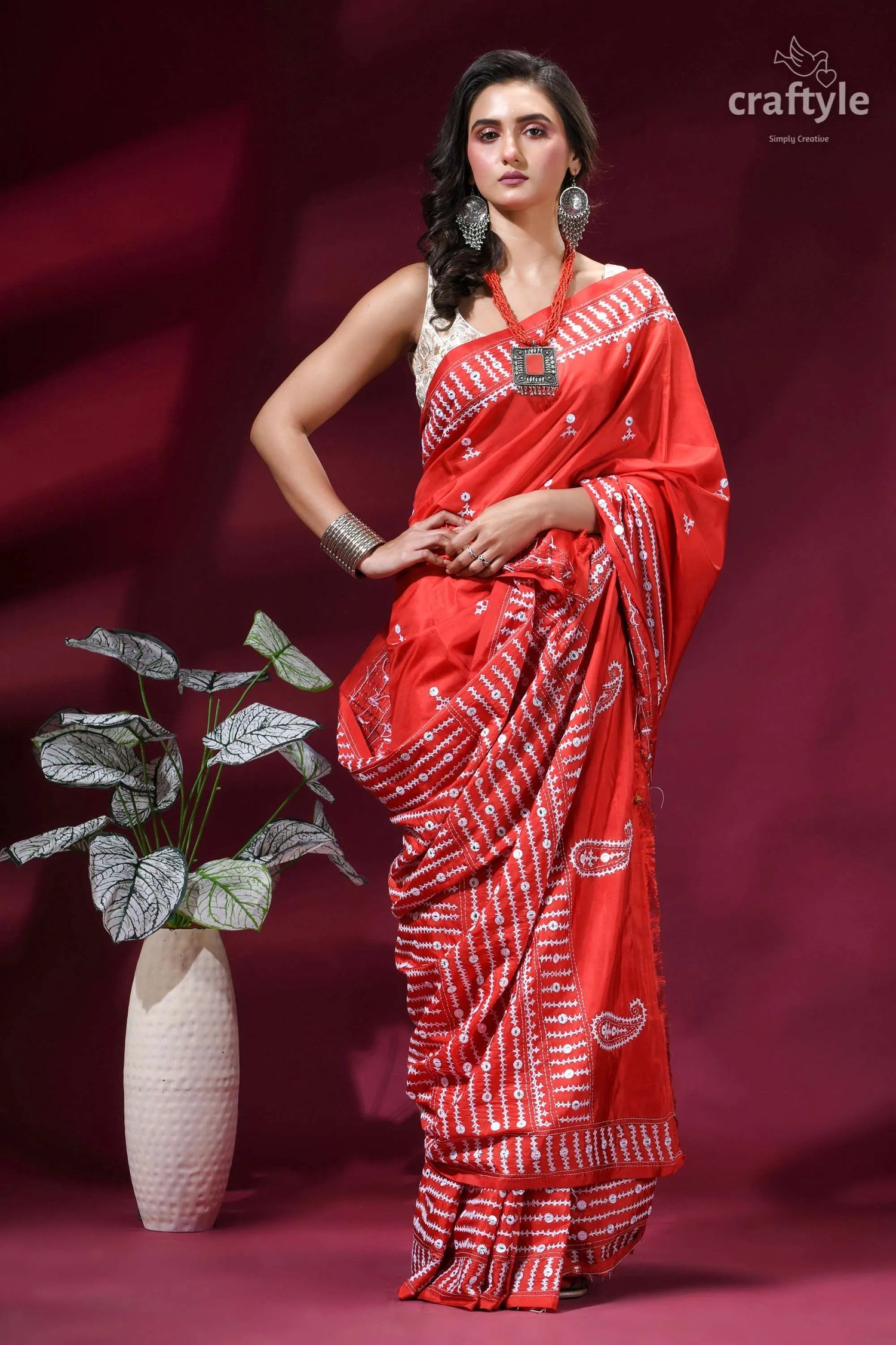 Brick red intricate gujrati stitched silk saree with mirror work vibrant red saree intricate white 7