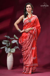Brick red intricate gujrati stitched silk saree with mirror work vibrant red saree intricate white 7