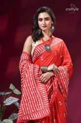Brick red intricate gujrati stitched silk saree with mirror work red silk saree intricate white 2