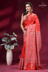 Brick red intricate gujrati stitched silk saree with mirror work red silk saree intricate white 3