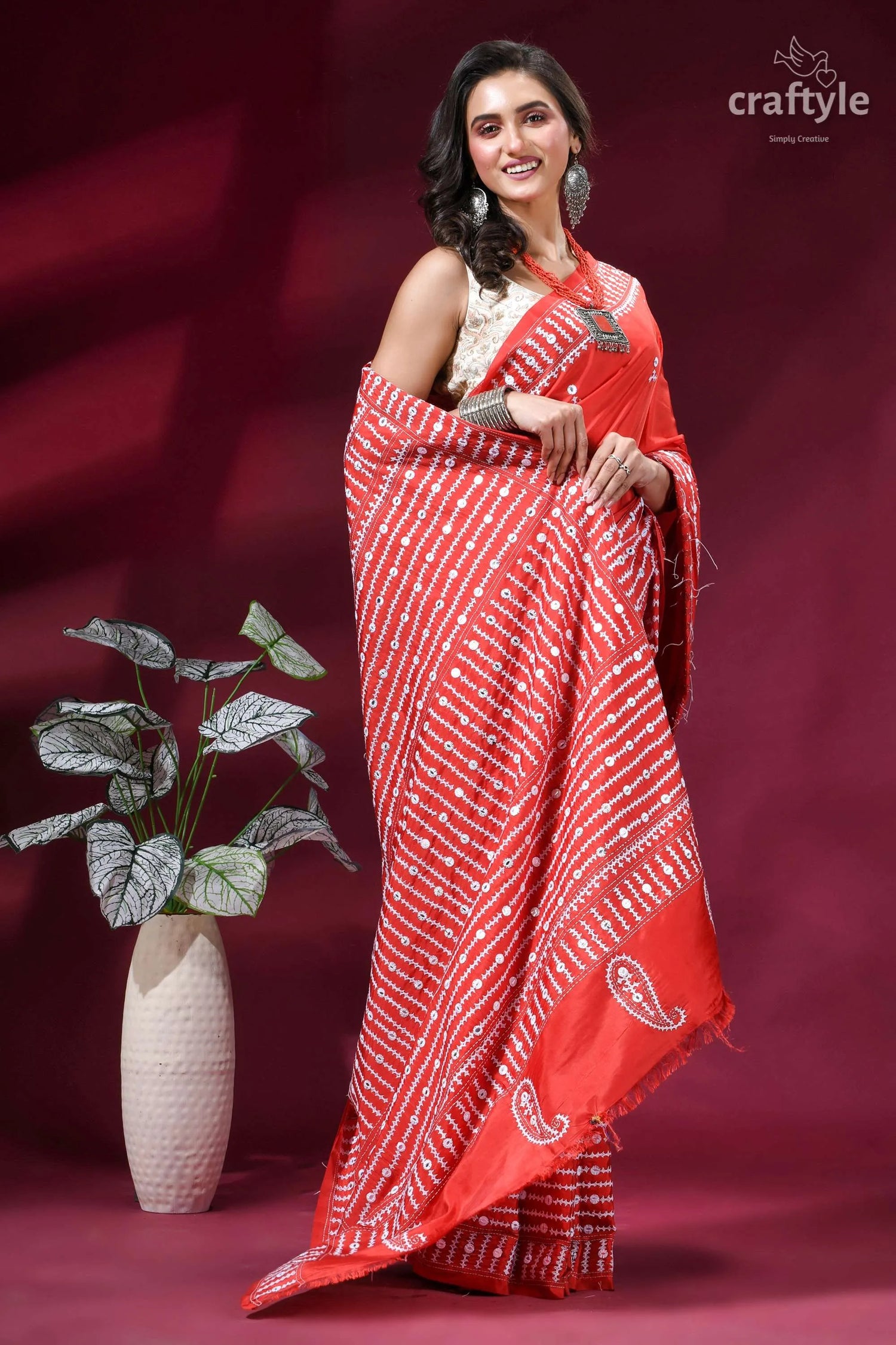 Brick red intricate gujrati stitched silk saree with mirror work vibrant red saree intricate white 4