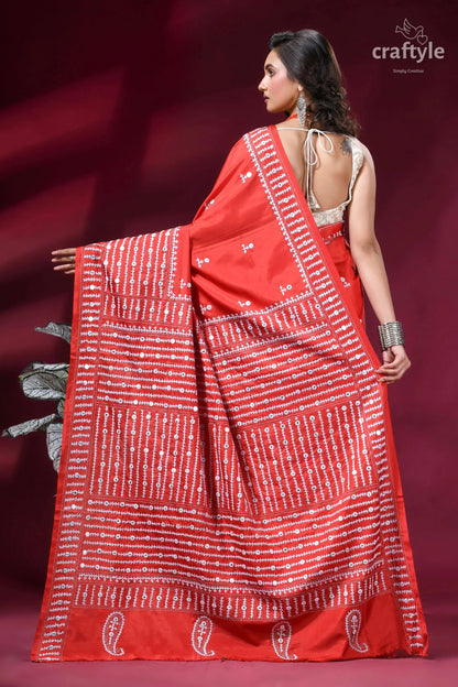 Brick red intricate gujrati stitched silk saree with mirror work vibrant red saree intricate white 6