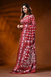 Brick red kantha embroidery silk saree with paisley floral motif 3