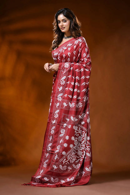 Brick red kantha embroidery silk saree with paisley floral motif 3